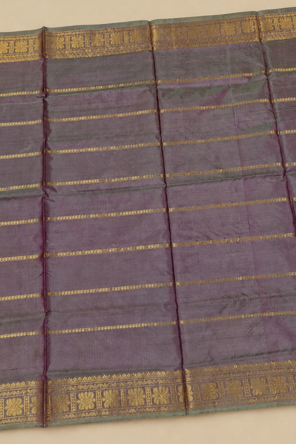 Dusty Mauve & Navy Blue Vegan Silk Saree with Gold Zari Border