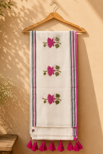 White Mul Mul Cotton Saree with Pink Lotus Embroidery