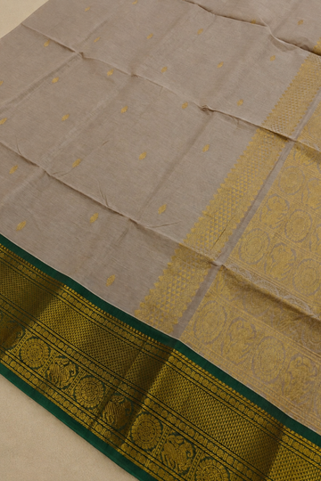 Elegant Beige Chettinad Cotton Saree with Green & Gold Zari Border