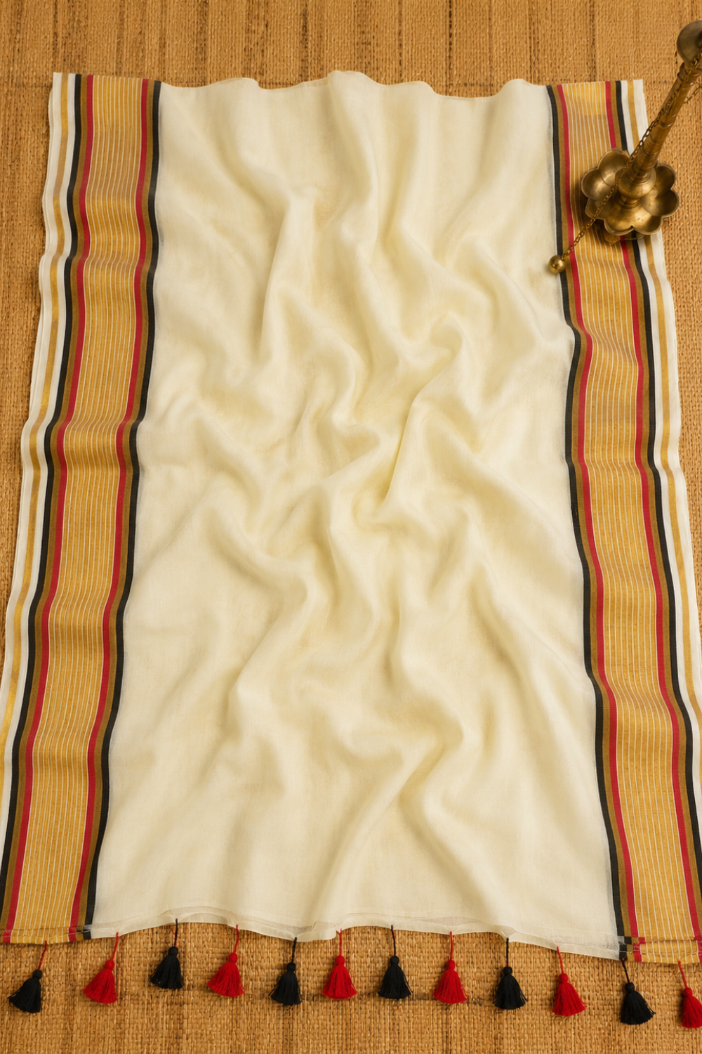 Off White Mul Mul Cotton Saree with Black & Red Temple Border