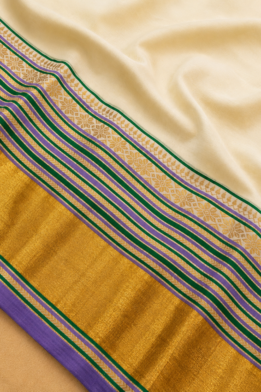 Off White Mul Mul Cotton Saree with Lavender Zari Border