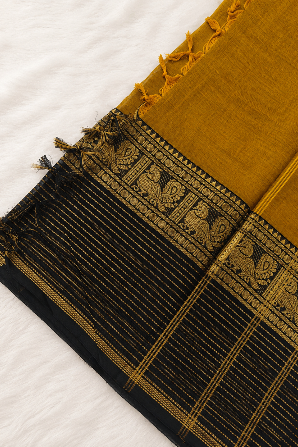 Mustard Handloom Chettinad Cotton Saree with Black Peacock Motif Border