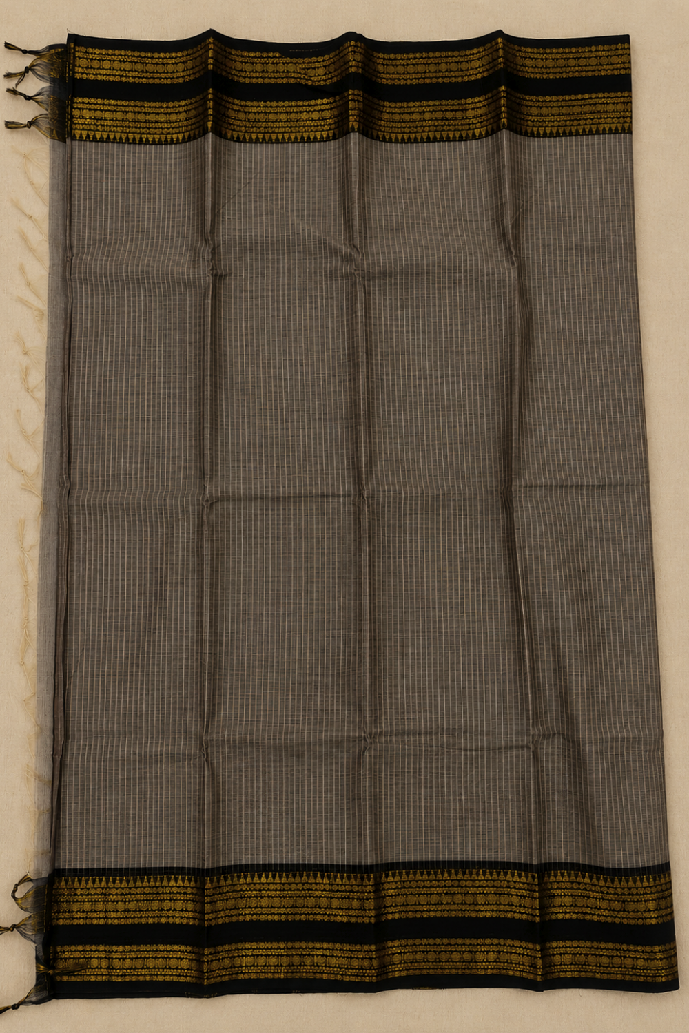 Charcoal Grey Chettinad Cotton Saree with Black & Gold Traditional Border