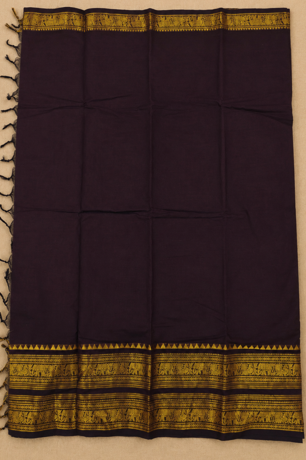 Coffee Brown Chettinad Cotton Saree with Traditional Zari Border