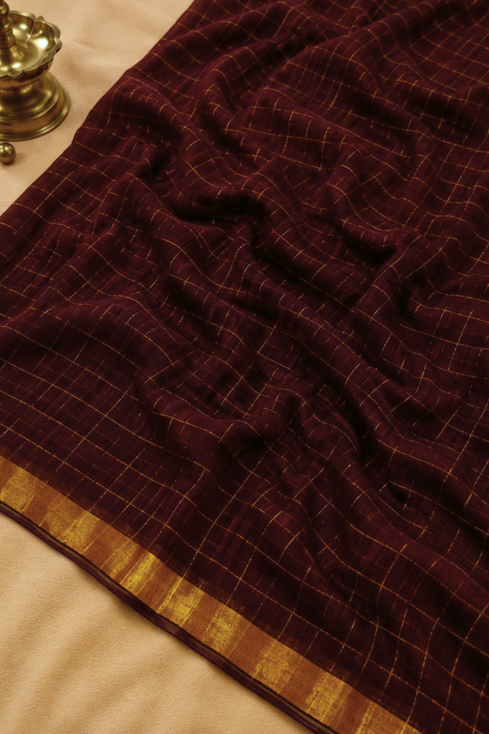 Deep Maroon Checked Mul Mul Cotton Saree with Zari Border & Tassel Pallu