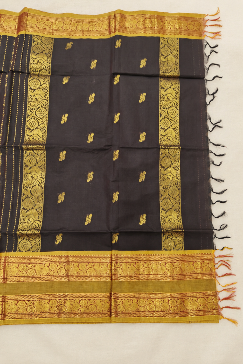 Deep Brown Chettinad Cotton Saree with Antique Gold Floral Border