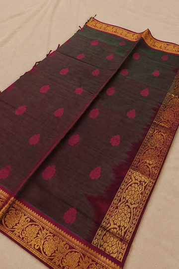 Deep Wine & Magenta Floral Chettinad Cotton Saree with Antique Gold Border