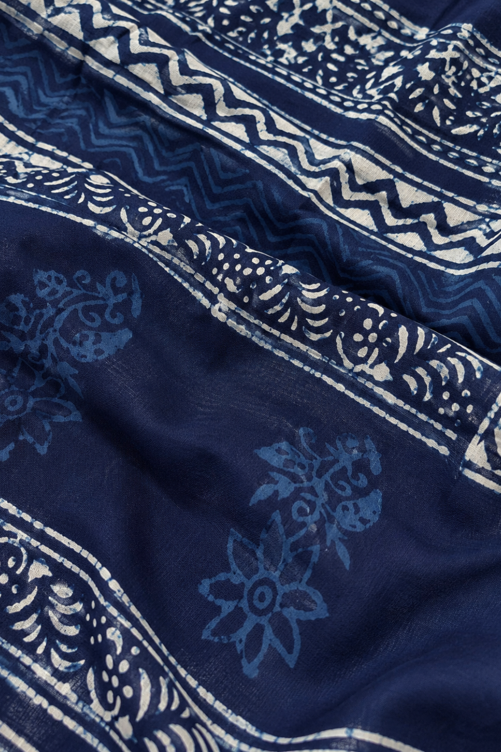 Indigo Blue Hand Block Print Linen Saree with Woven Border