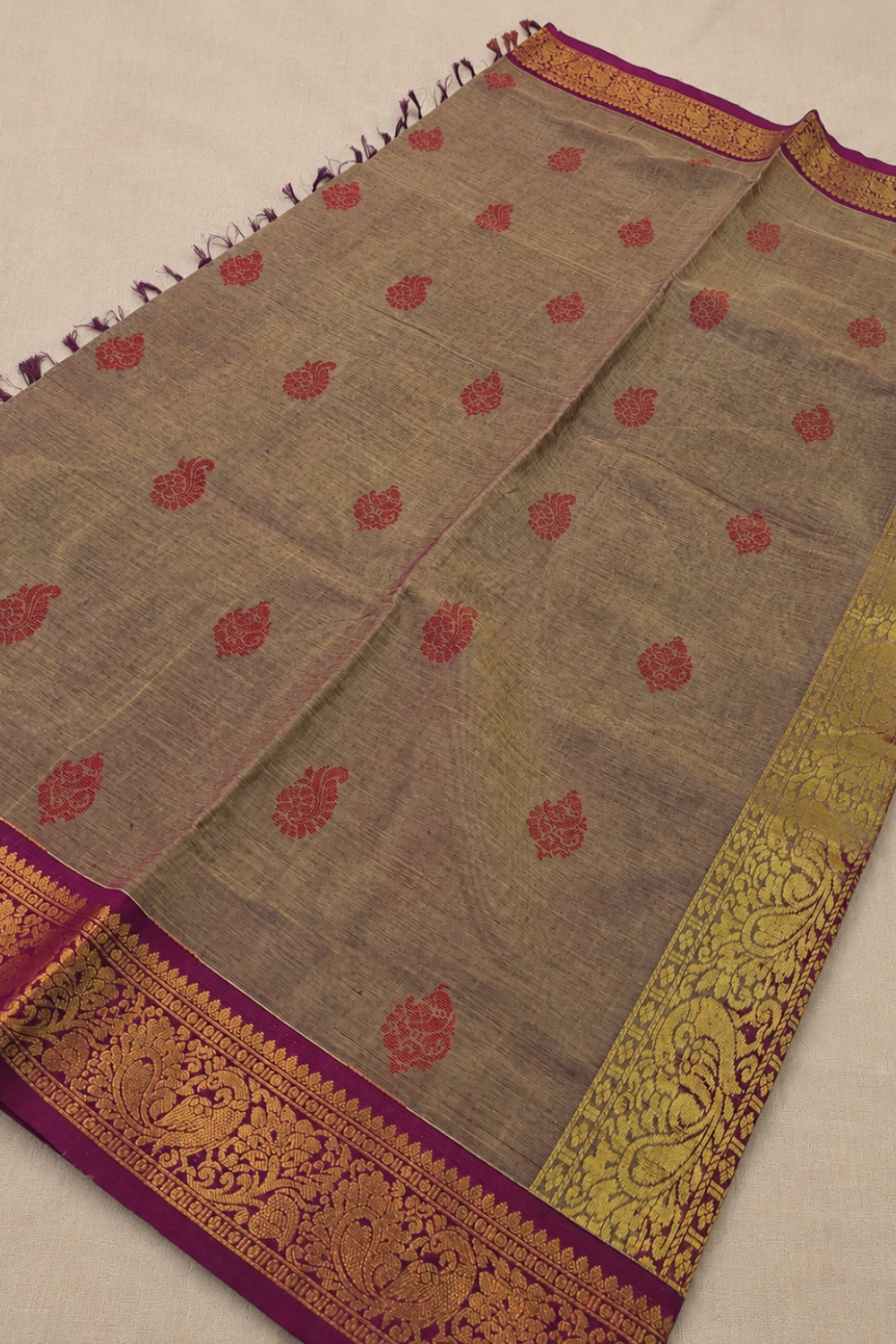 Taupe Beige Chettinad Cotton Saree with Magenta & Antique Gold Border