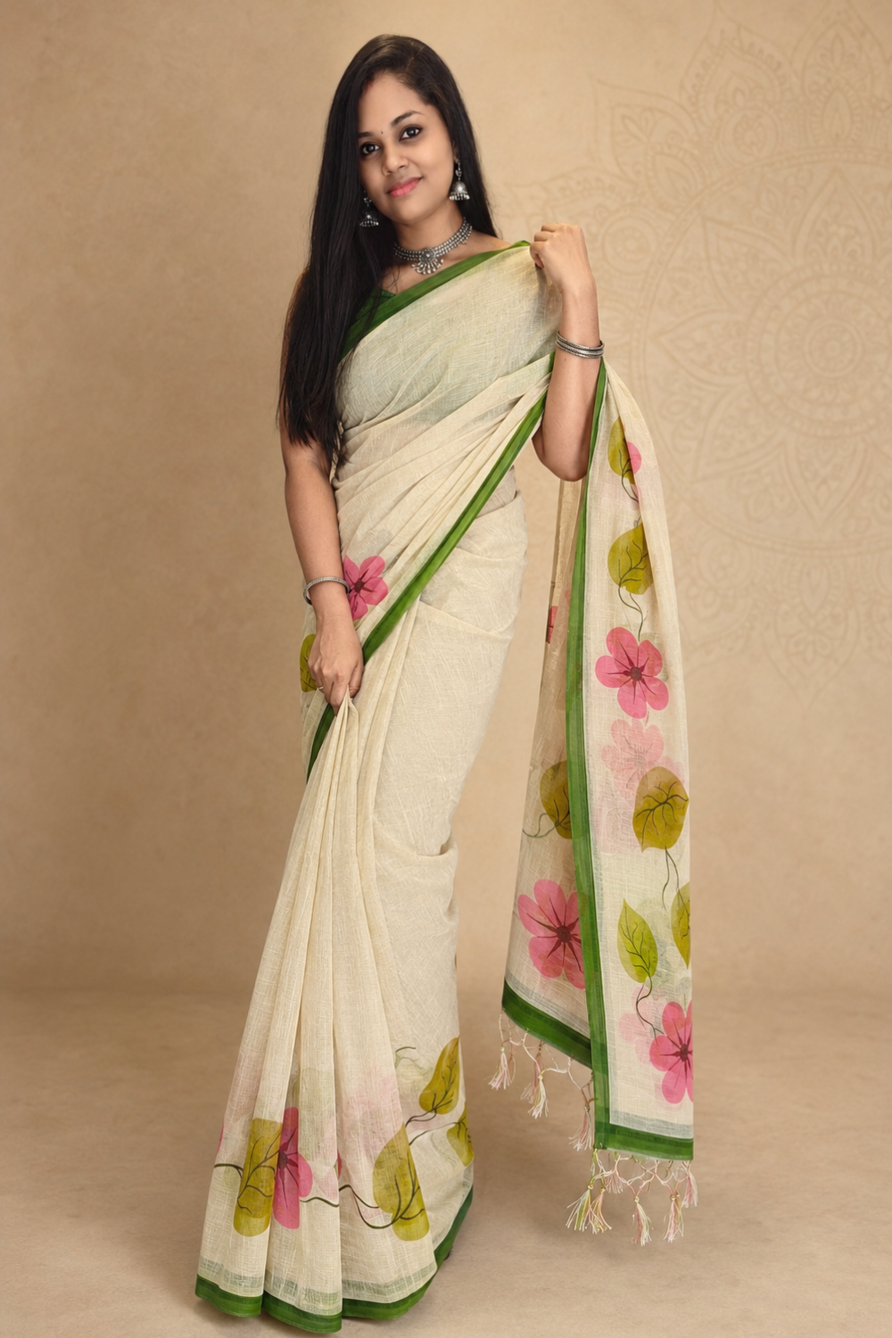 Ivory Floral Linen Blend Saree with Green Border