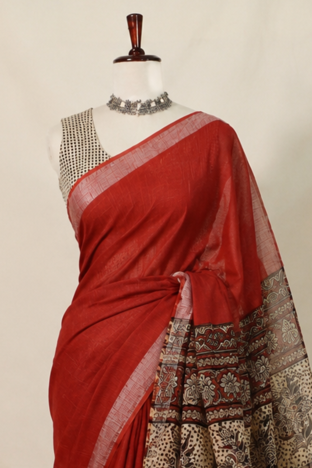 Rust Red Linen Saree with Printed Kalamkari-Inspired Pallu