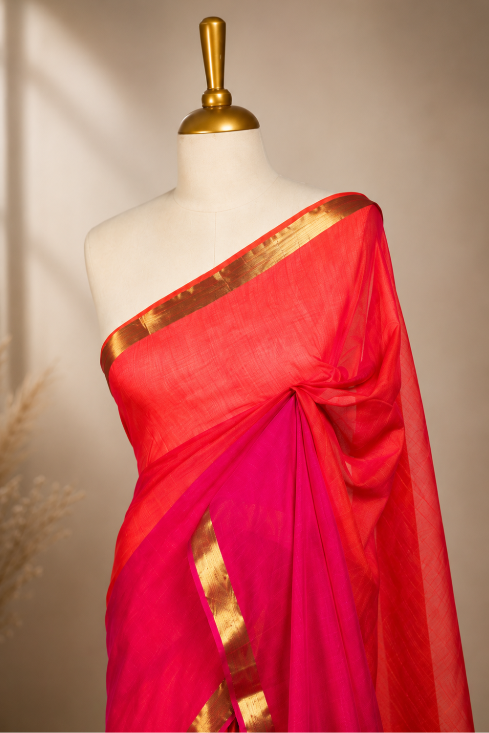 Coral Pink & Fuchsia Mul Mul Cotton Saree with Zari Border & Tassel Pallu