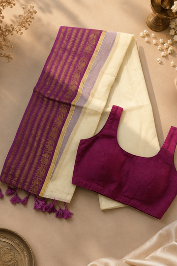 Off White 120 Count Mul Mul Cotton Saree with Purple & Gold Zari Border