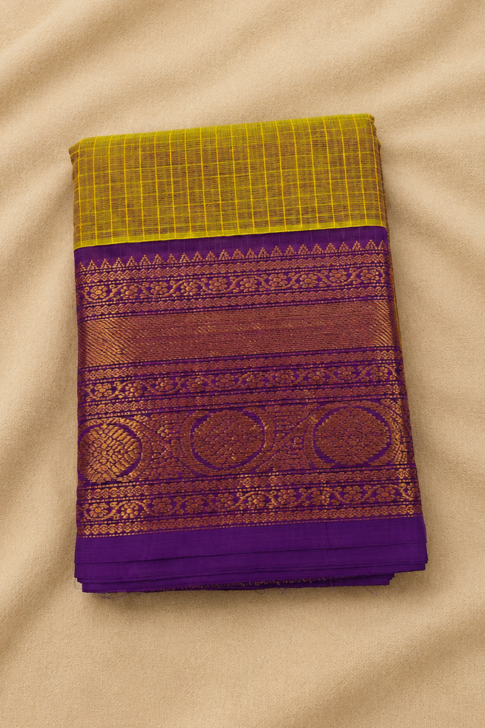 Olive Green Chettinad Handloom Cotton Saree with Royal Purple Zari Border
