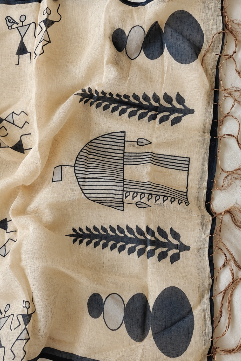 Beige Warli Print Linen Blend Saree with Black Border