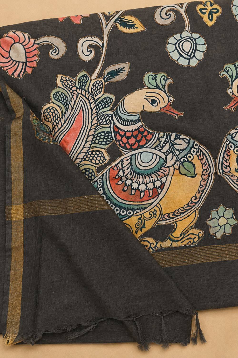 Grey Linen Saree with Multicolour Appliqué Peacock & Floral Work