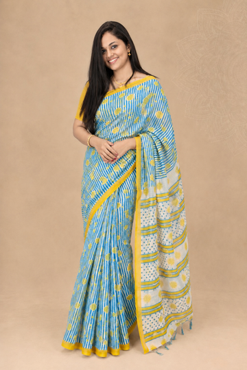 Sky Blue & White Striped Linen Blend Saree with Motifs & Yellow Blouse