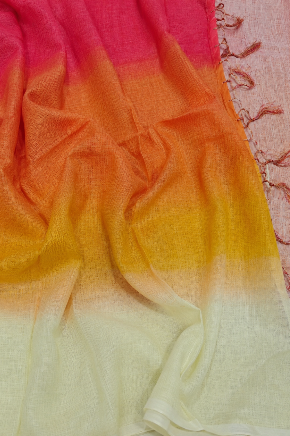 Sunrise Ombre Linen Blend Saree – Red, Yellow & Ivory