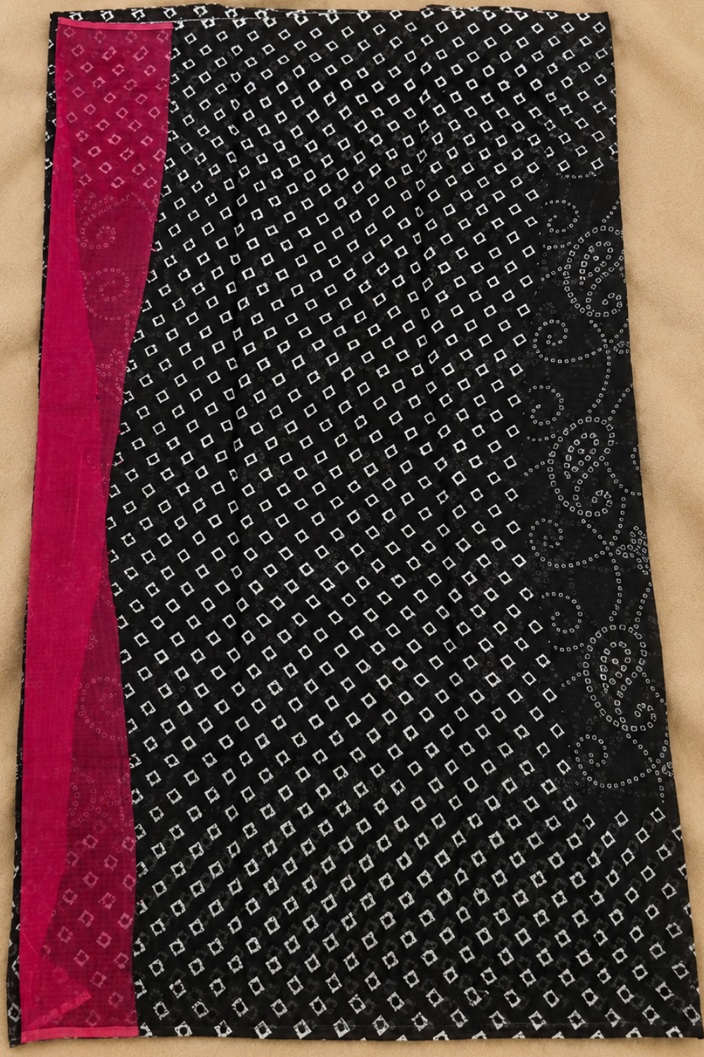 Black Kota Saree with White Bandhani-Inspired Print & Contrast Pink Blouse