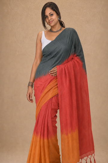 Tricolour Ombre Linen Blend Saree – Grey, Red & Mustard