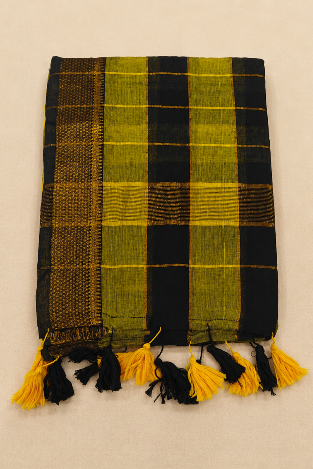Black and Mustard Mul Mul Cotton Checked Saree