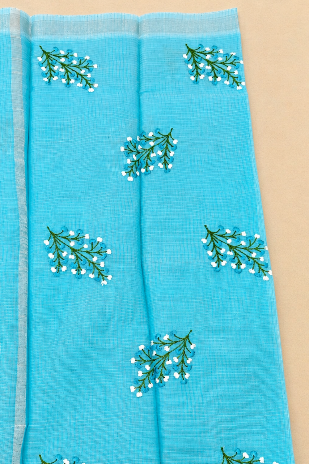 Sky Blue Kota Saree with Delicate Floral Embroidery