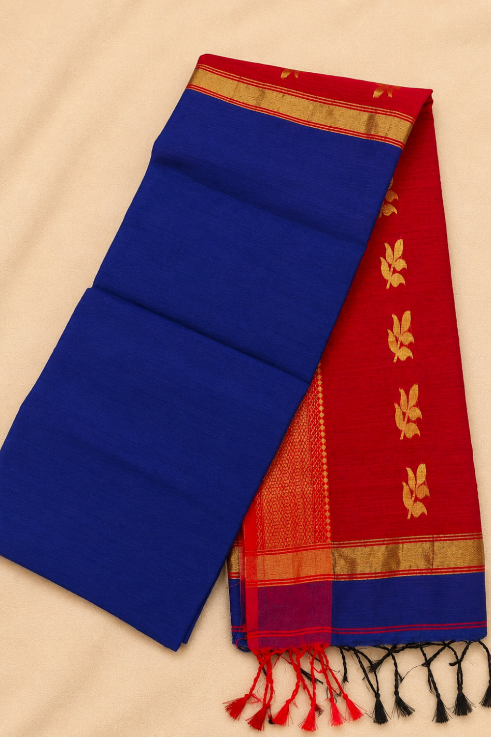 Royal Blue & Red Maheshwari Cotton Saree with Gold Zari Border