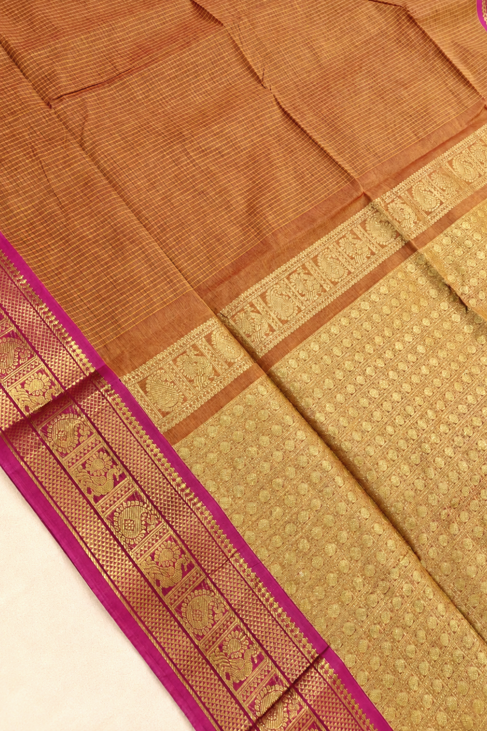 Rust Orange & Pink Chettinad Cotton Saree with Traditional Gold Zari Border