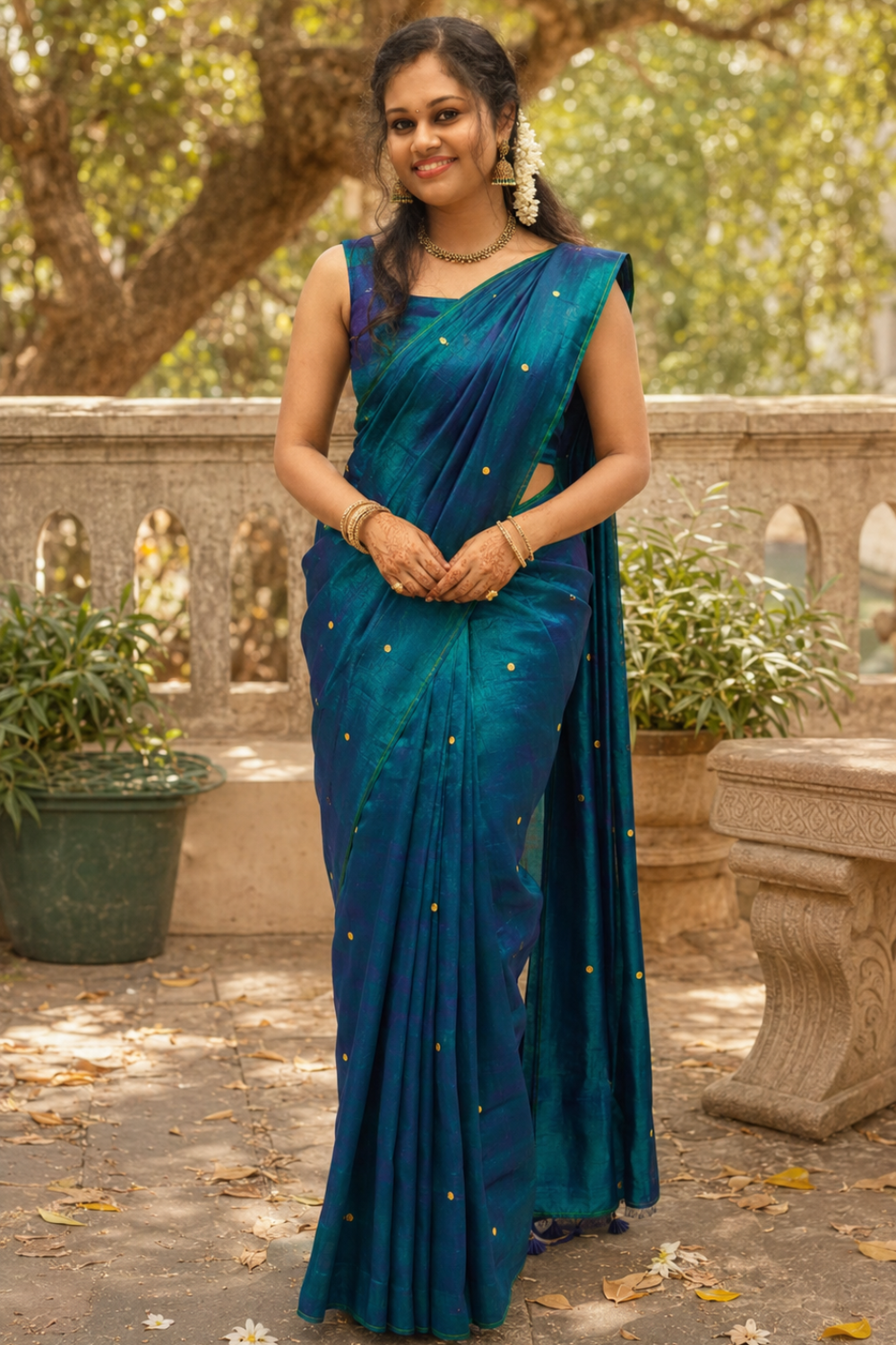 Peacock Blue Linen Tissue Saree with Gold Butta