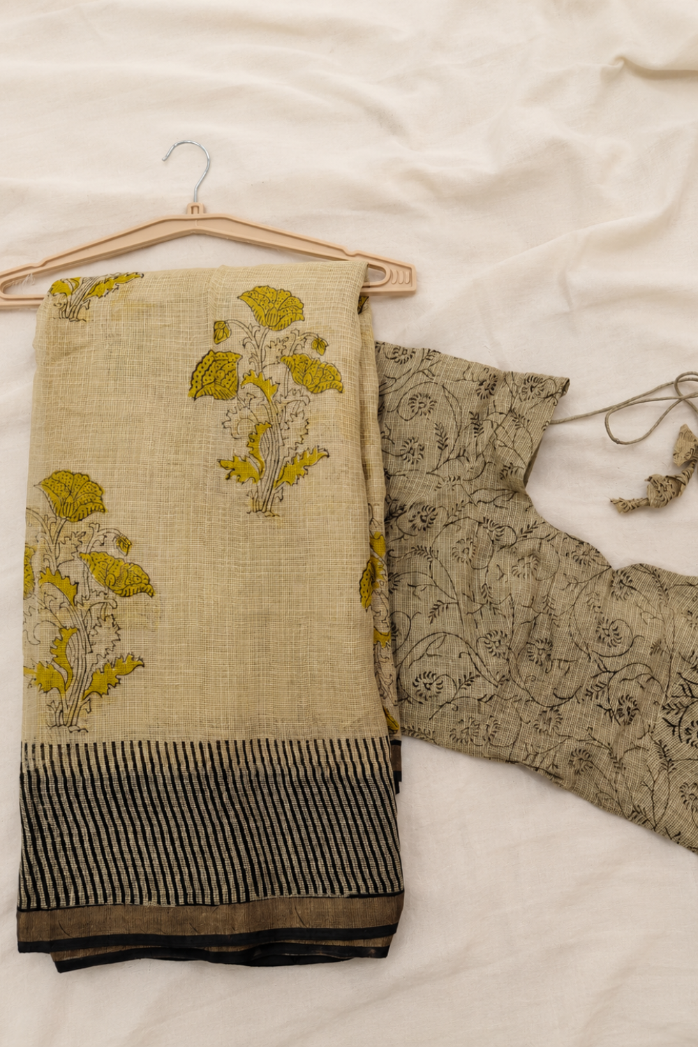 Ivory Hand Block Print Kota Doria Saree with Mustard Striped Pallu