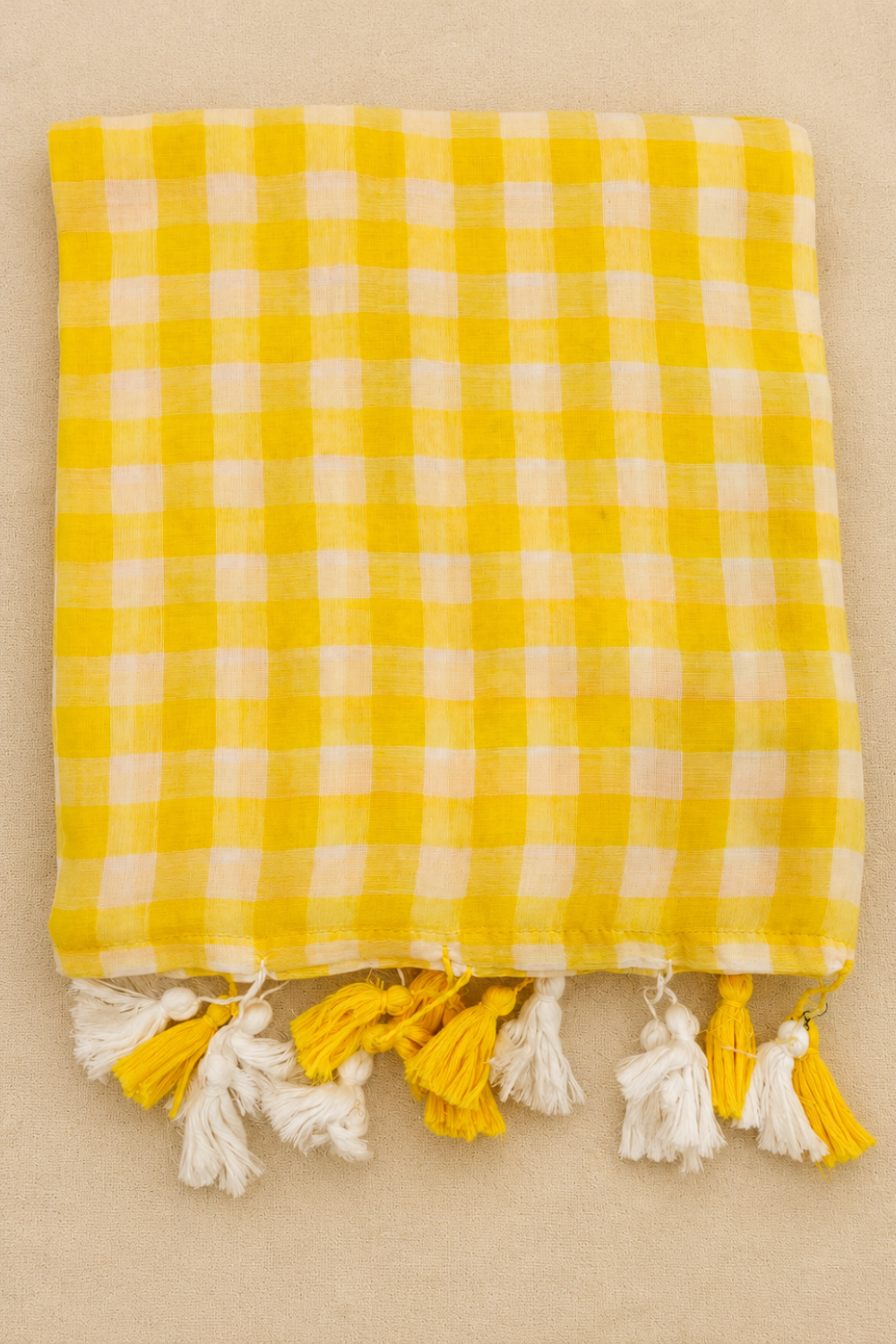Yellow & White Checked Mul Mul Cotton Saree with Tassels