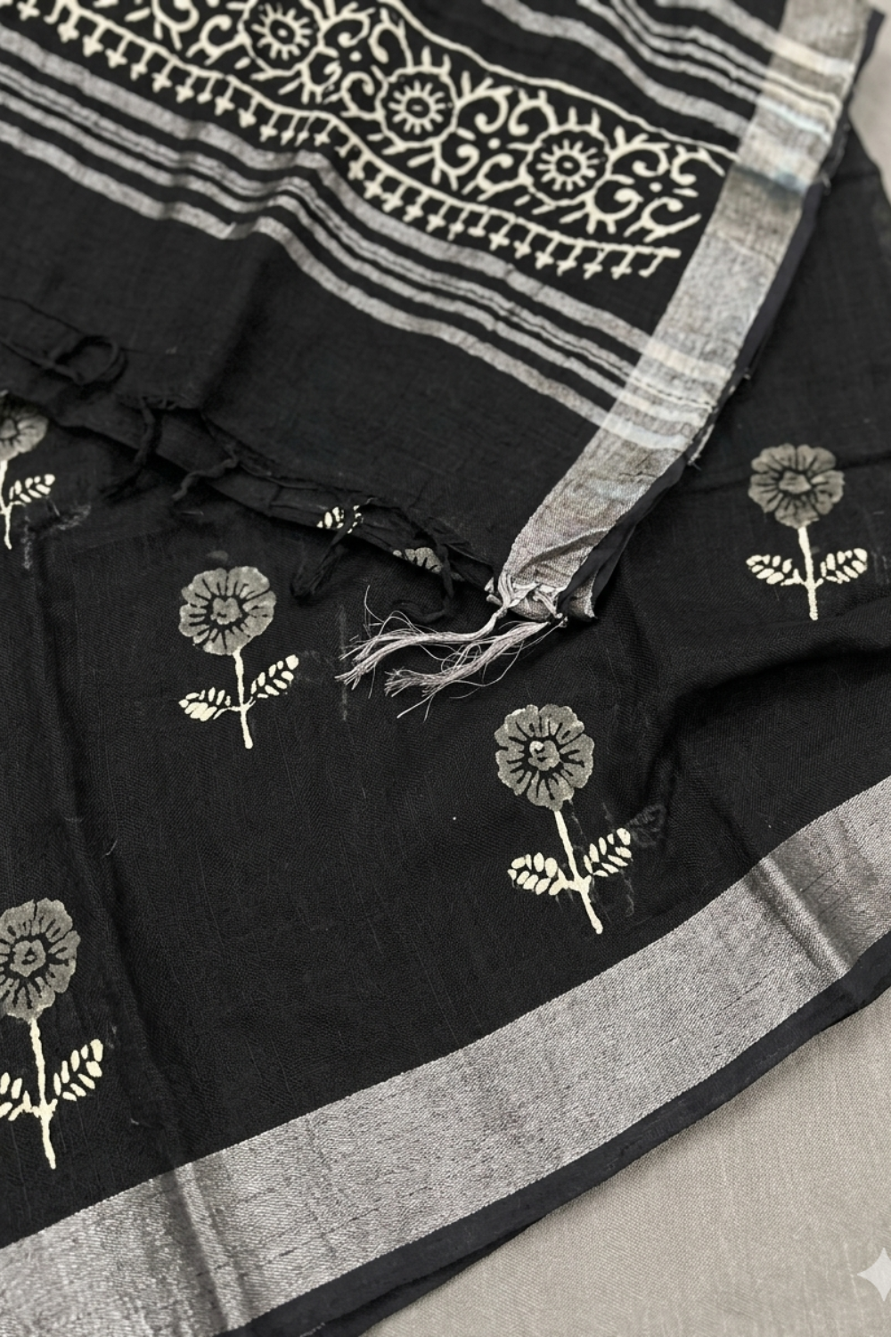 Black Hand Block Print Linen Saree with Silver Woven Border
