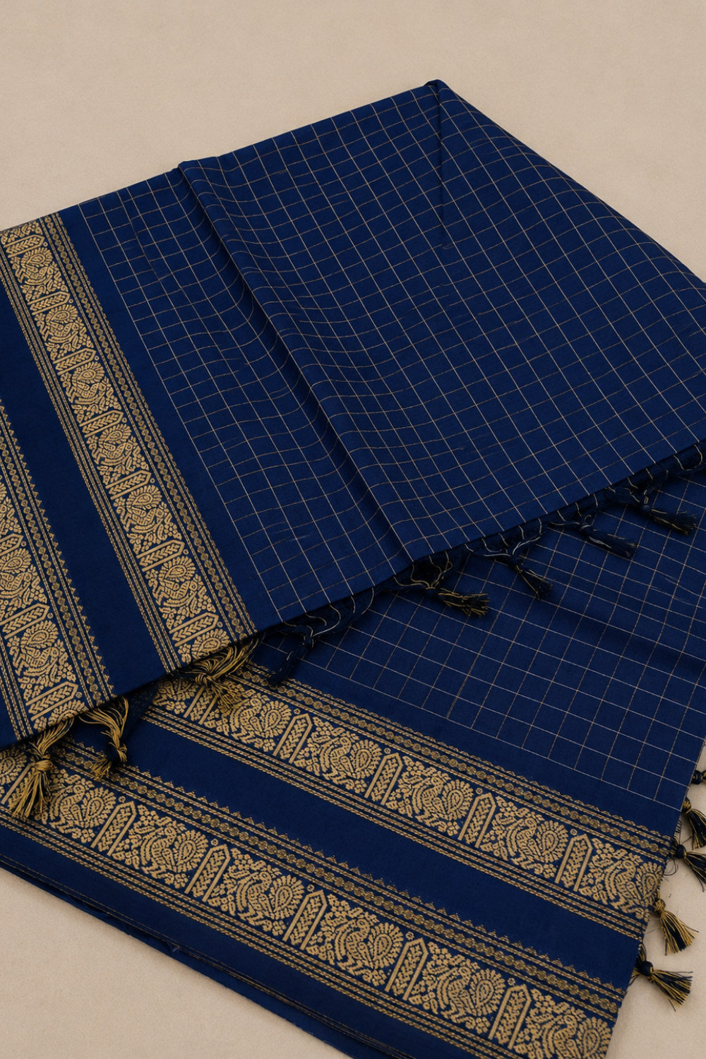 Royal Navy Blue Kanchi Cotton Saree with Gold Zari-Inspired Border & Checks