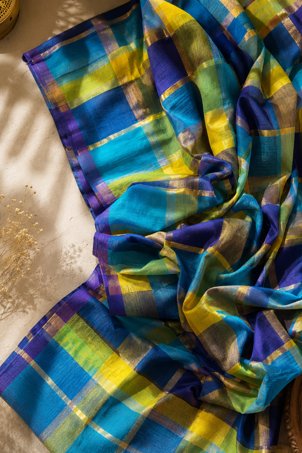 Blue & Green Multicolour Checked Mul Mul Cotton Saree