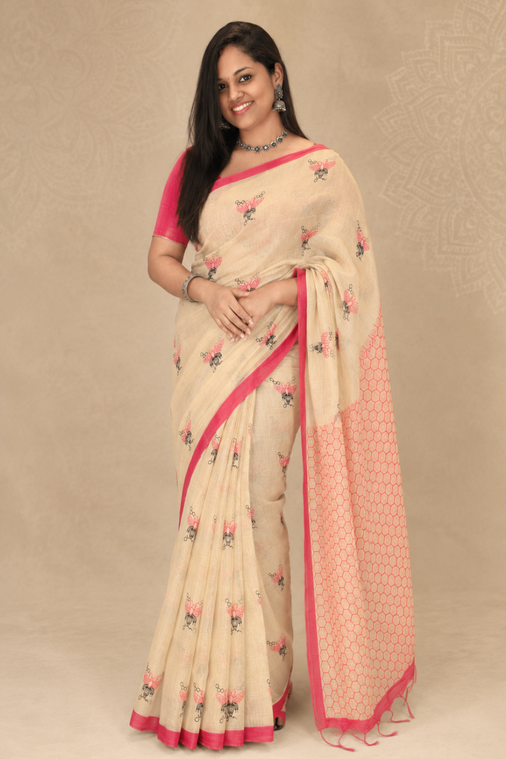 Ivory Linen Blend Saree with Pink Butterfly Print & Contrast Pink Border