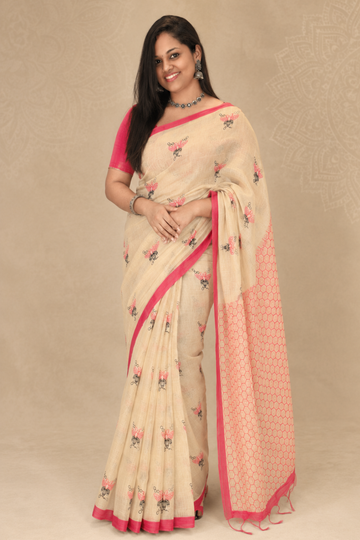 Ivory Linen Blend Saree with Pink Butterfly Print & Contrast Pink Border