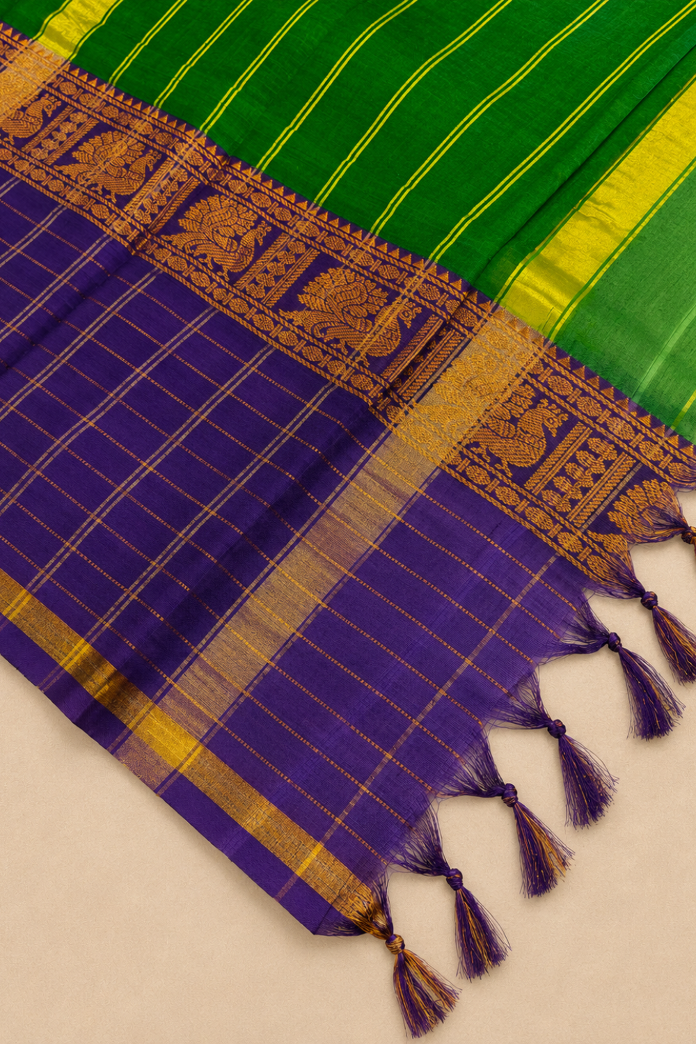 Emerald Green & Purple Narayanpet Cotton Saree with Traditional Gold Zari Border