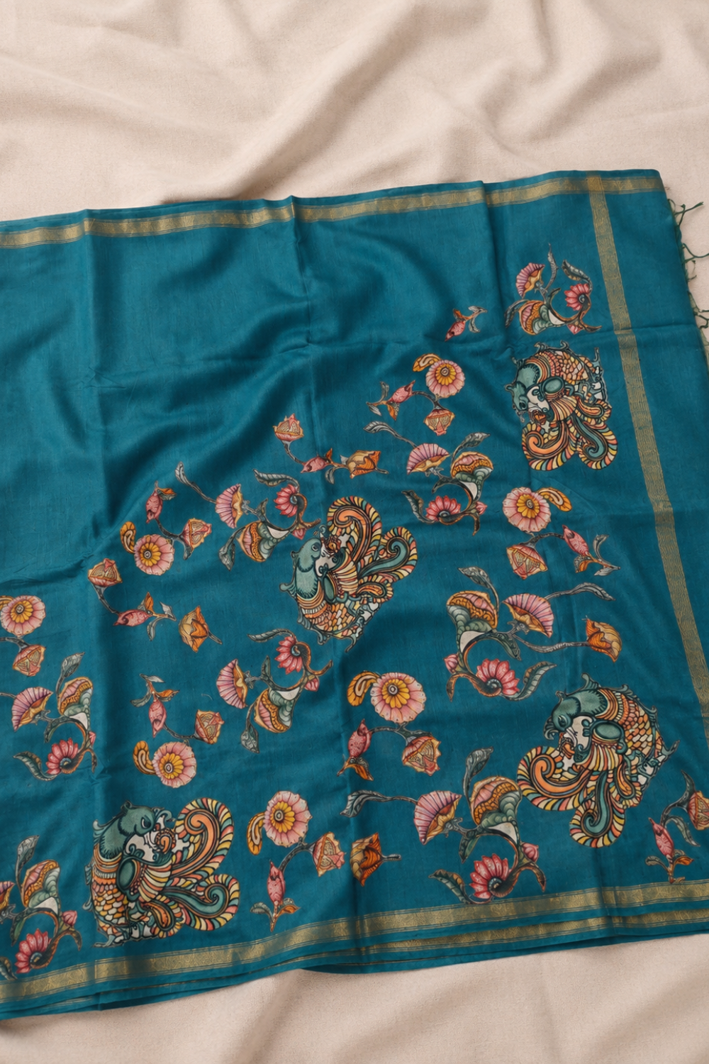 Teal Blue Linen Chanderi Saree with Floral & Peacock Print