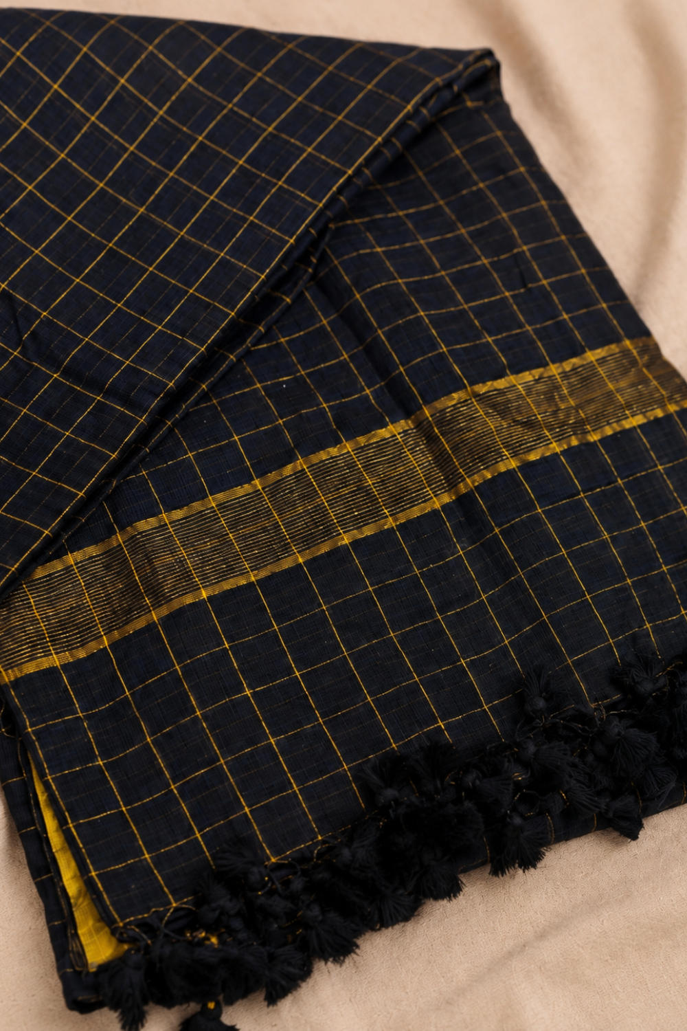Black & Gold Checks Mul Mul Cotton Saree