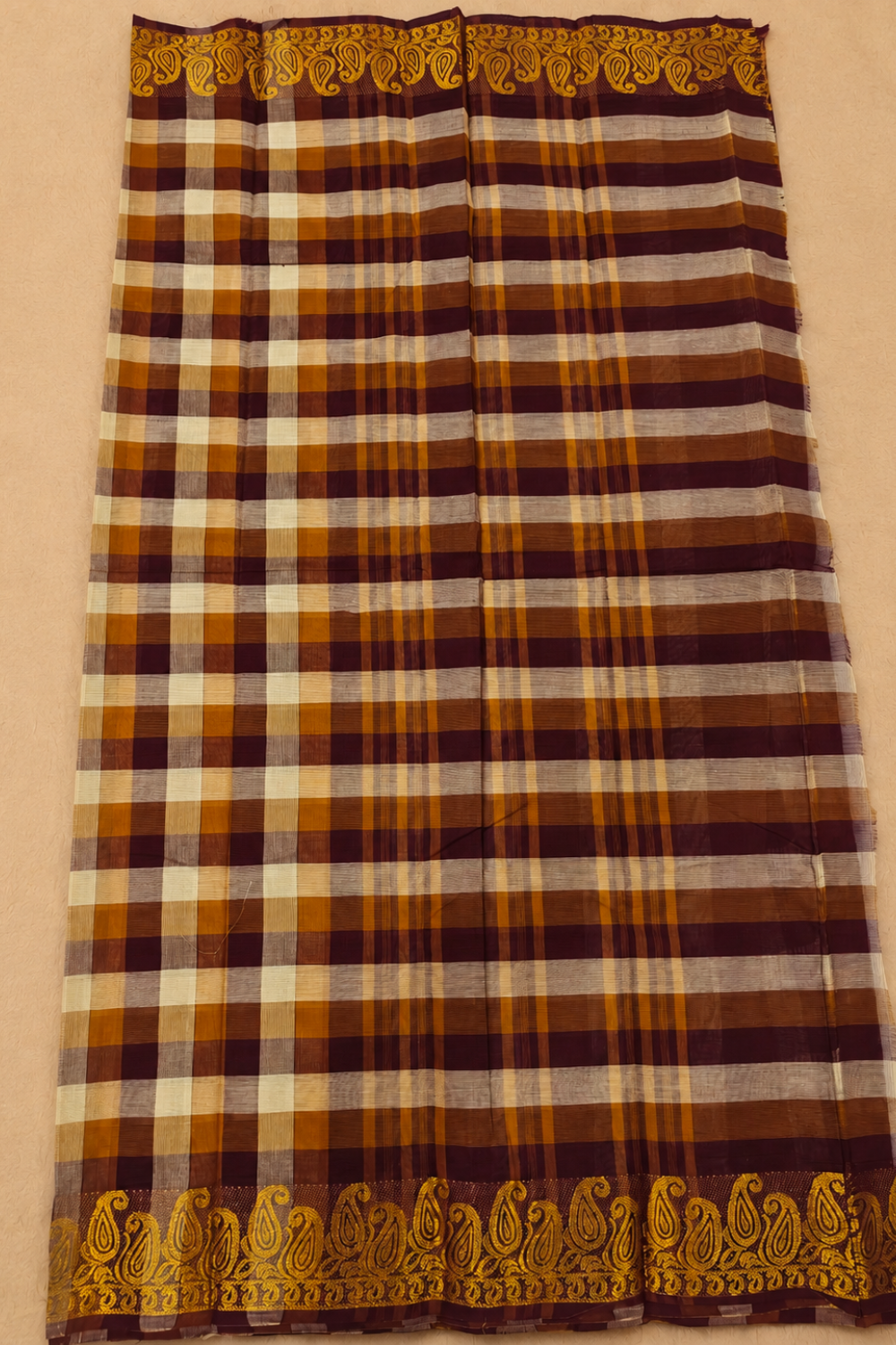 Brown Madras Checks Cotton Saree with Gold Zari Border