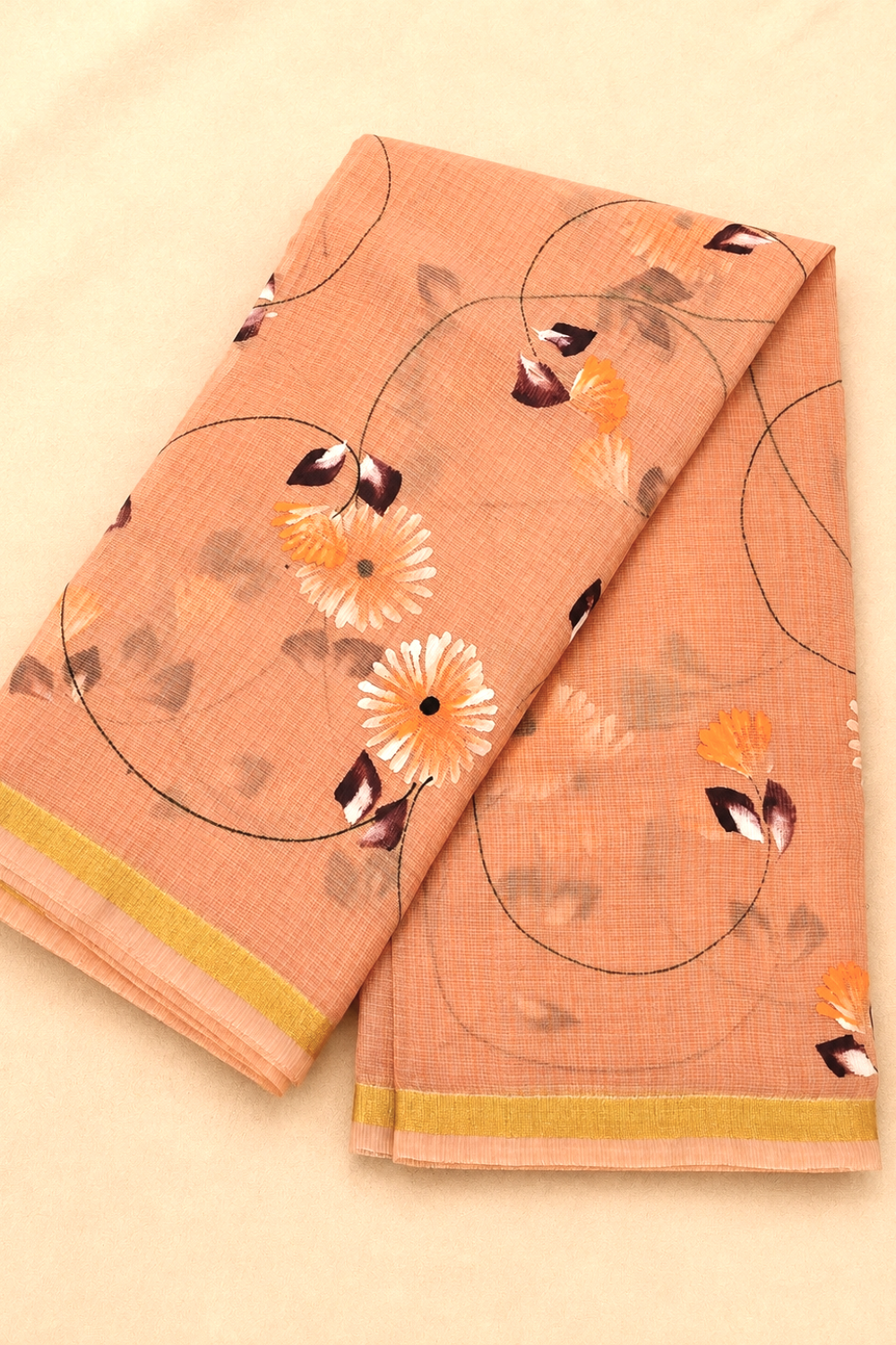 Peach Orange Hand-Painted Kota Saree with Floral Artwork & Golden Border
