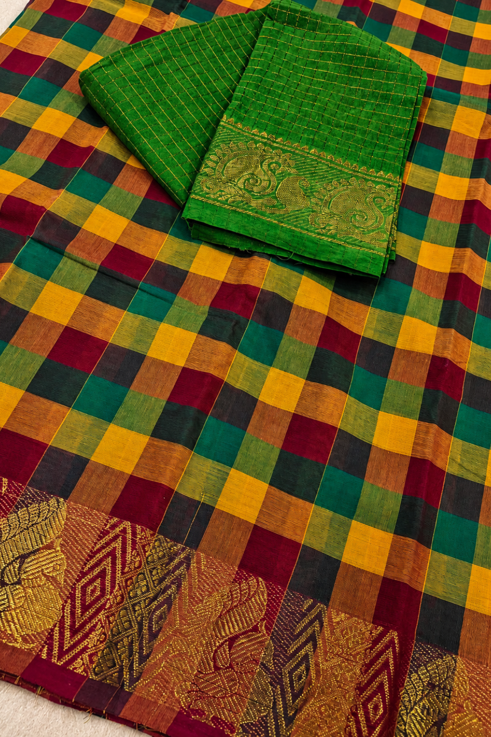 Madras Checks Cotton Saree with Traditional Gold Zari Border