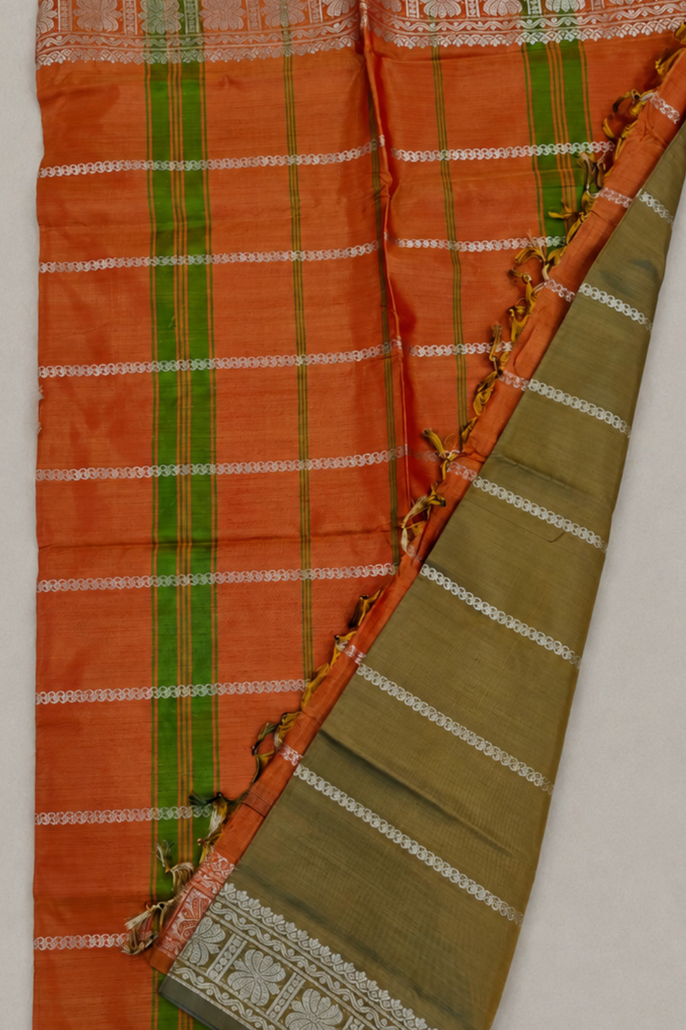 Olive Green & Rust Orange Vegan Silk Saree with Silver Zari Floral Border