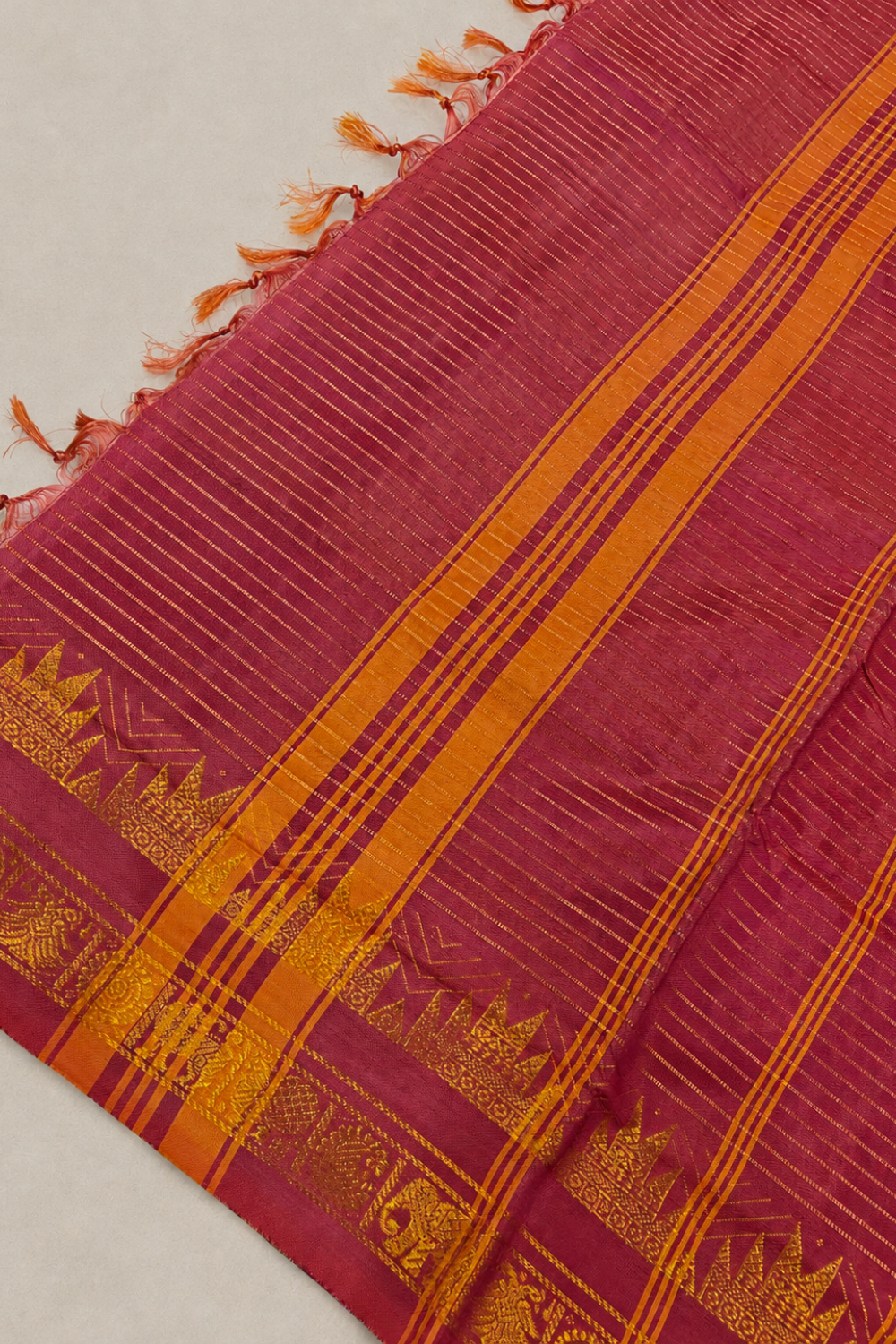Honey Mustard Gold & Dark Rust Orange Vegan Silk Saree with Traditional Zari Border