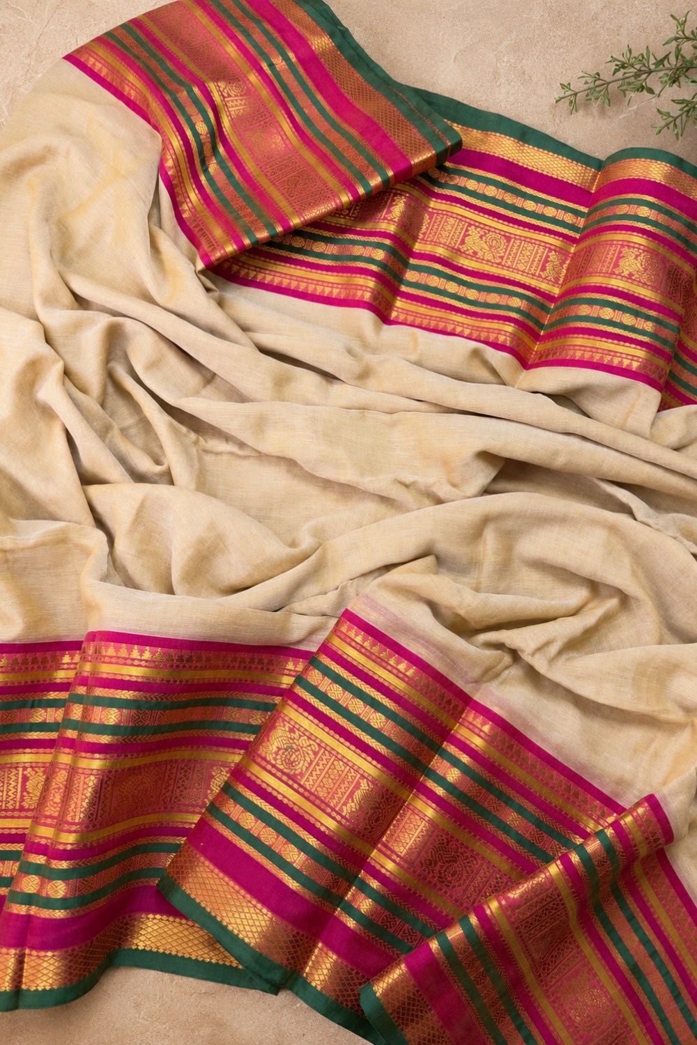 Off White 120 Count Mul Mul Cotton Saree with Pink & Green Zari Border