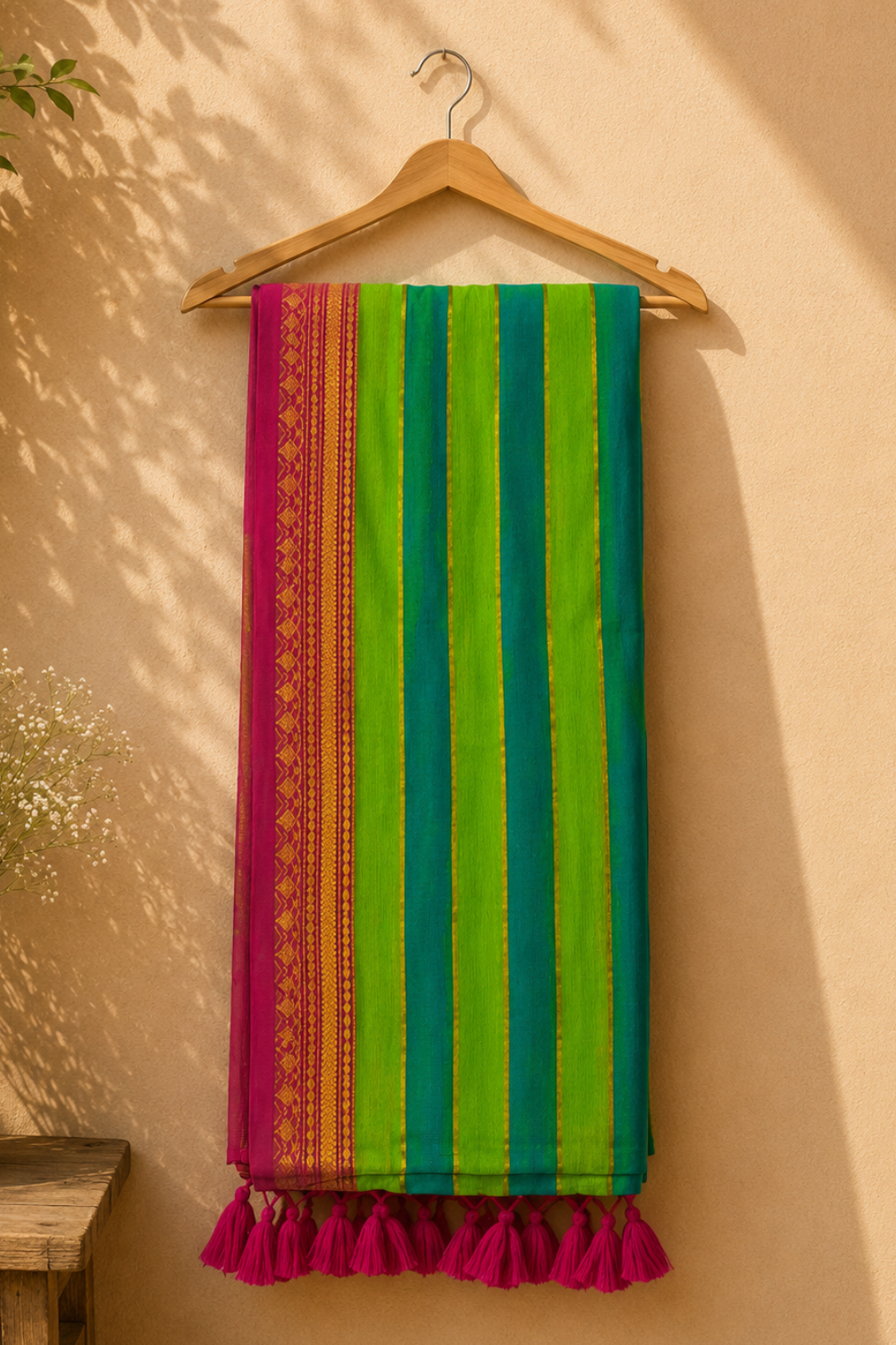 Blue & Green Striped Mul Mul Cotton Saree