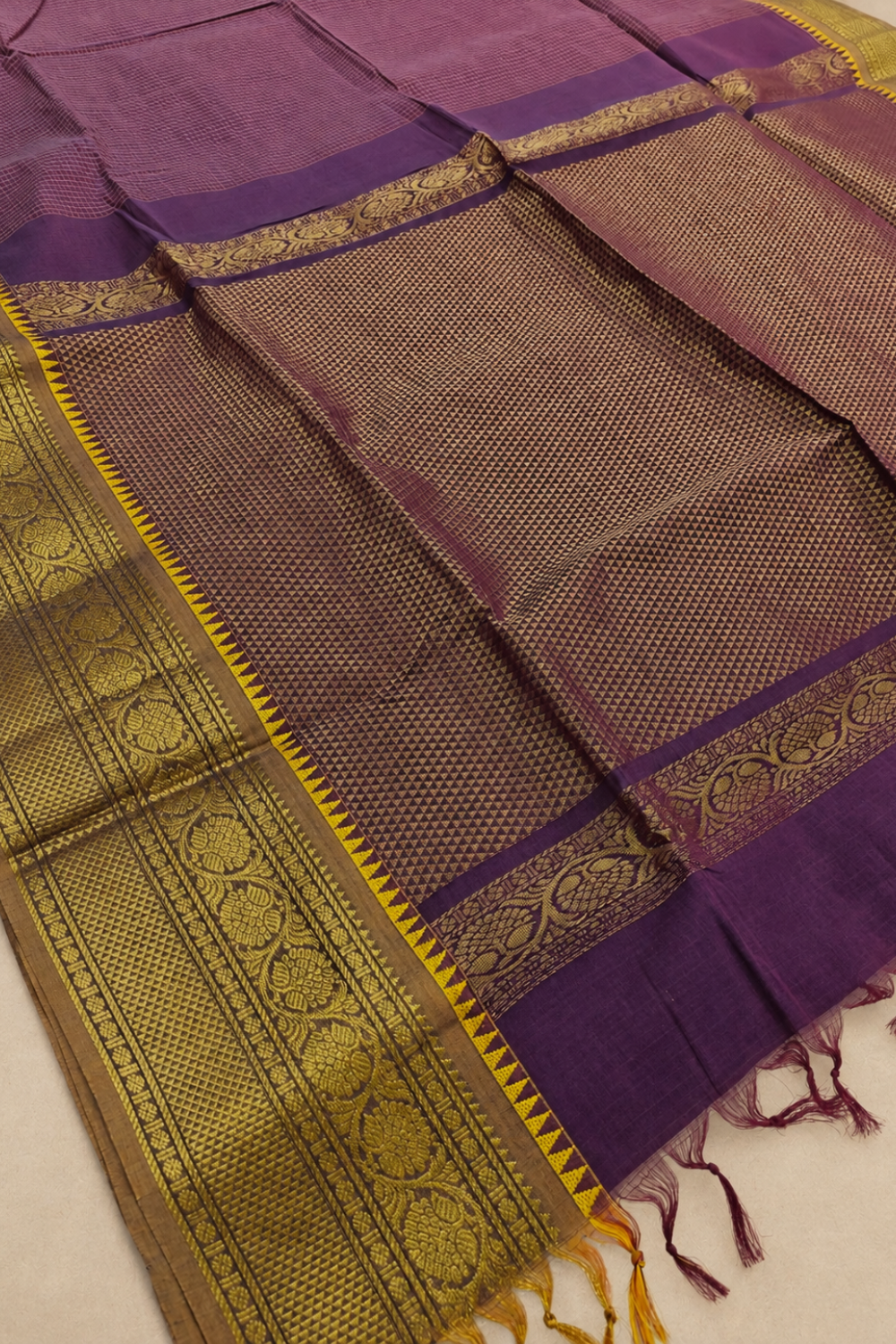 Royal Purple Chettinad Cotton Saree with Rich Gold Zari Border
