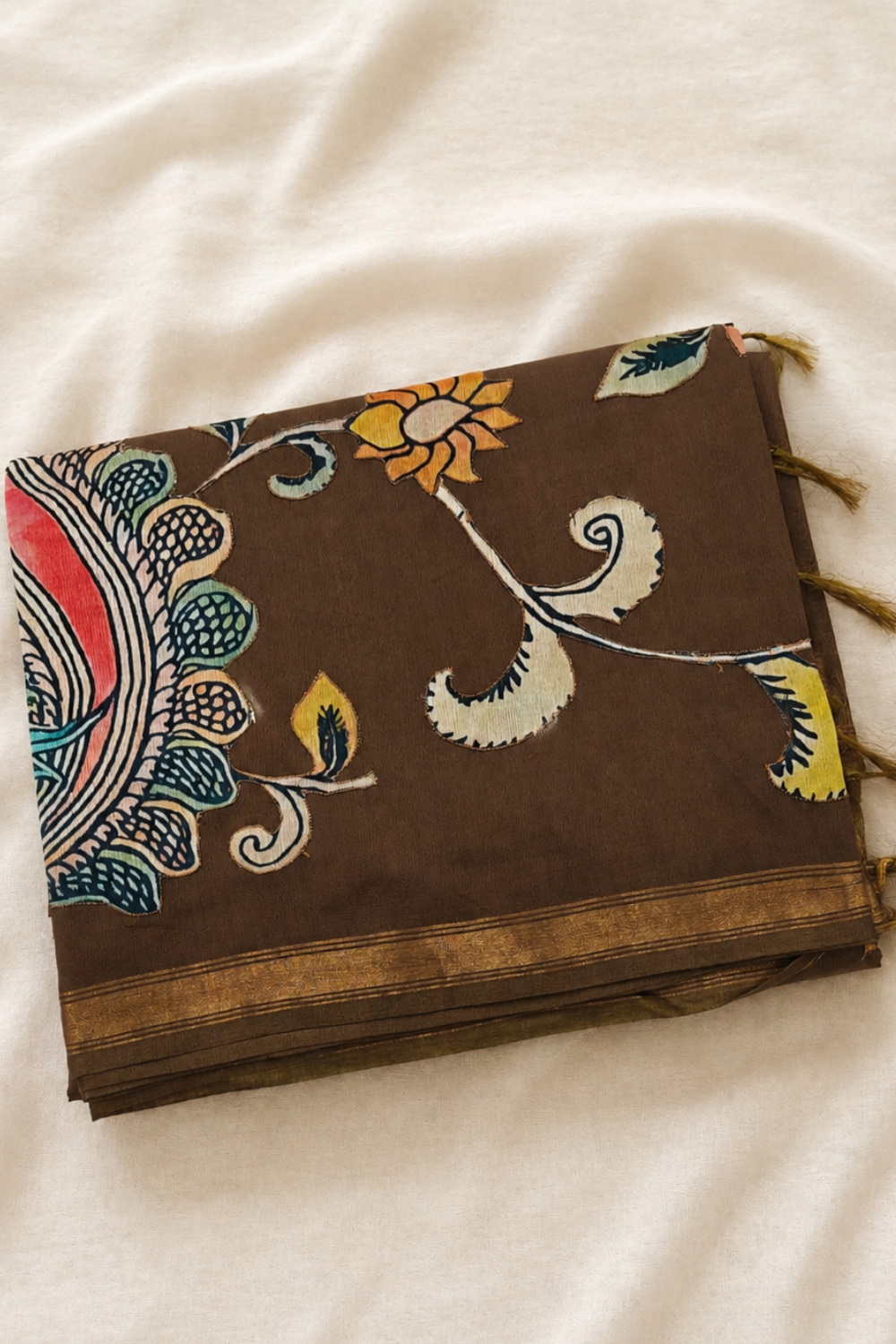 Brown Linen Chanderi Saree with Floral & Peacock Appliqué