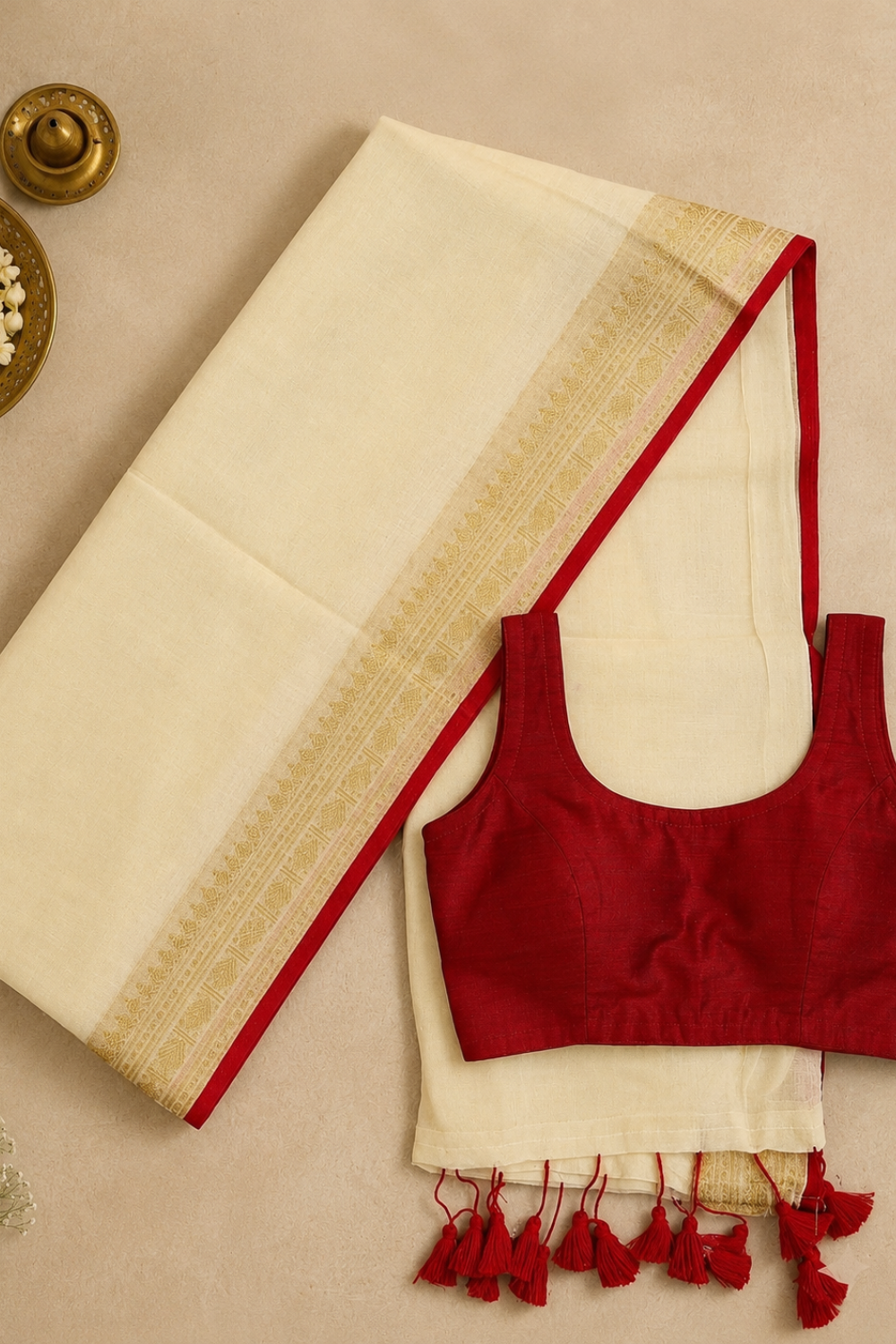 Off White 120 Count Mul Mul Cotton Saree with Gold Zari Border & Red Selvedge