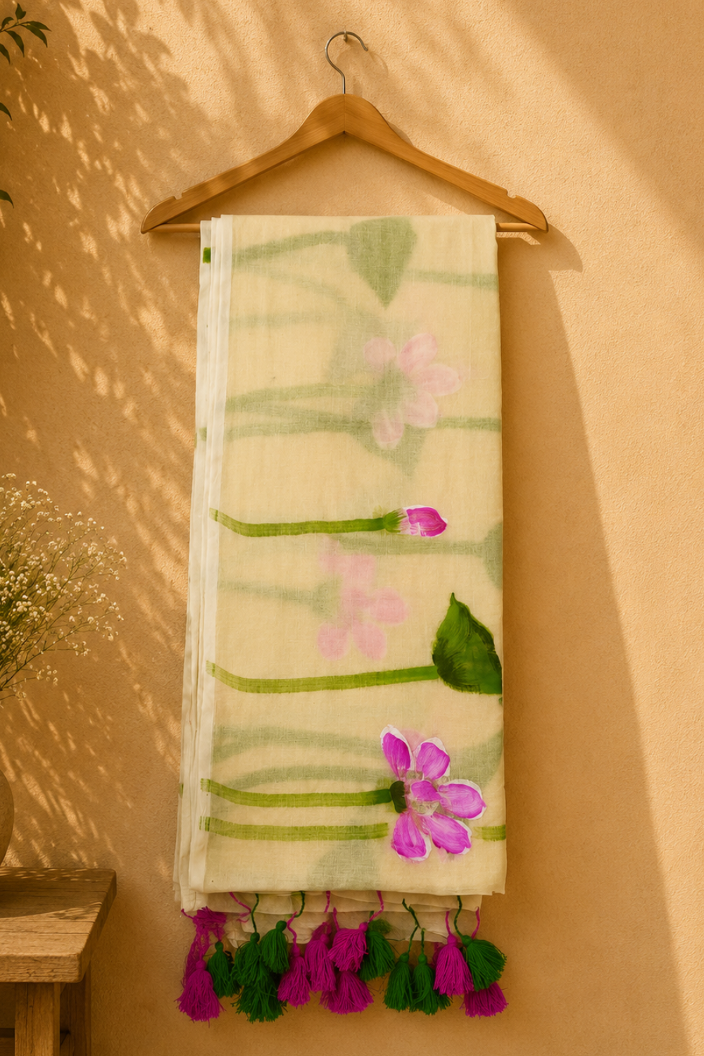 Hand-Painted Lotus Mul Mul Cotton Saree